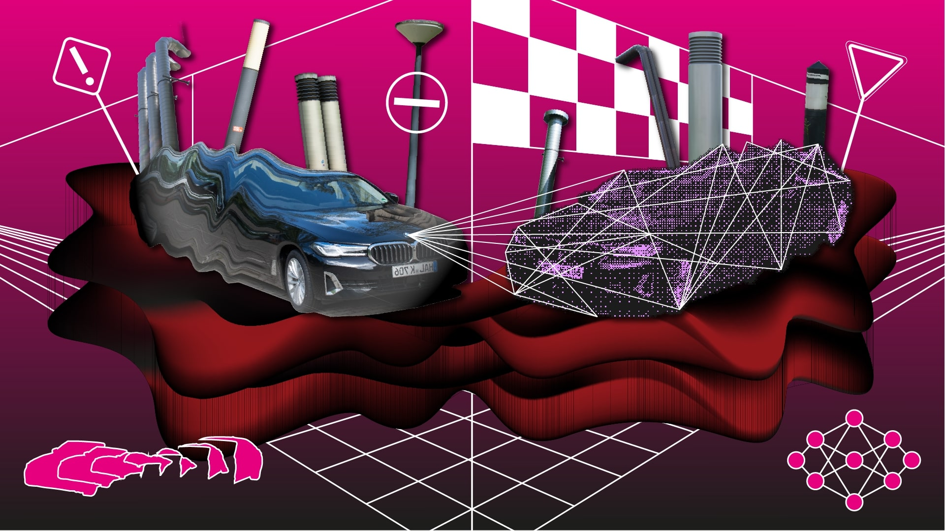 An illustration in intense colors in a gloomy mood showing a collage of two mirrored cars, street signs and mathematical symbols Better Images of AI / Autonomous Driving