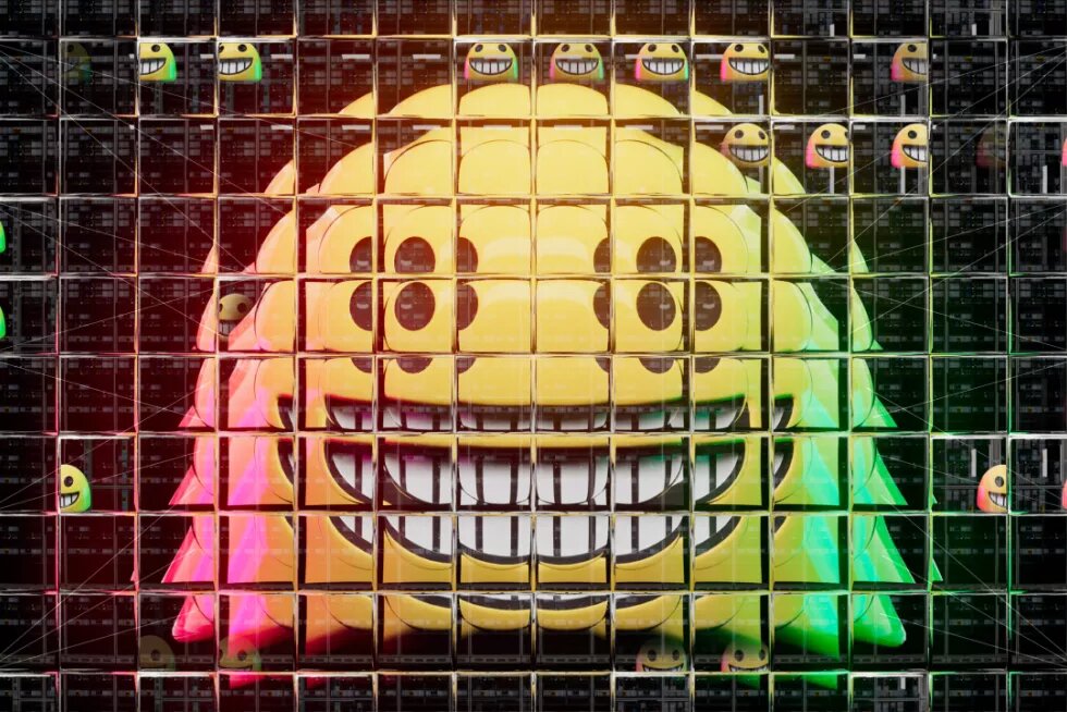 A photographic rendering of a smiling face emoji seen through a refractive glass grid, overlaid with a diagram of a neural network.