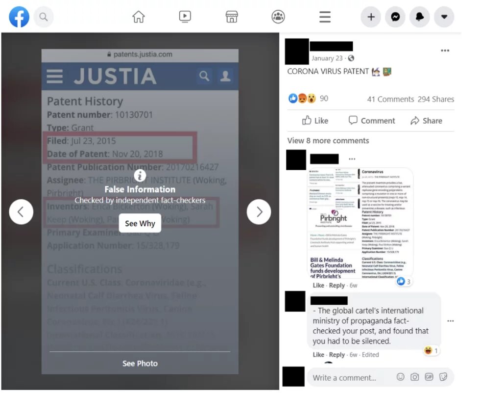 Facebook’s “false information” overlay, flagging misinformation on COVID-19. Facebook’s “false information” overlay, flagging misinformation on COVID-19.