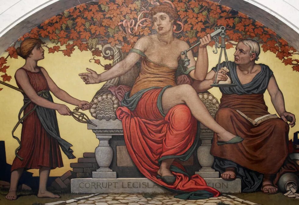 Corrupt-Legislation Lobby to Main Reading Room. Corrupt Legislation mural by Elihu Vedder. Library of Congress Thomas Jefferson Building, Washington, D.C.